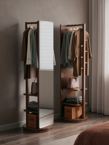 DONGMU | Moveable Oak Full Length Mirror With Coat Rack and Hat Stand