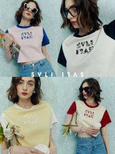SVLI Original วาดด้วยมือ Combed ผ้าฝ้าย Cool American Retro Color Block หลวม เสื้อยืด ฤดูร้อน แขนสั้น ผู้หญิง Premium Tee