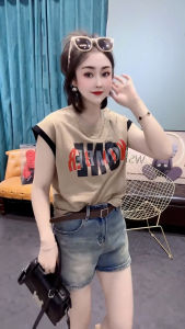 European Style Letter Print Cotton Short Sleeve T-Shirt Women Summer New Loose Lace Hollow out Back Top Street Fashion round Neck