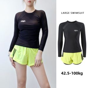 Sports Plus Size Slightly Oversized Girls Swimsuit Female Summer Separates Long Sleeves Two-piece Set Boxer High Waist Cover Belly Conservative Beginner