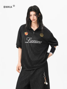 BWKA | American Letter Print Stripe Summer Casual Retro Polo T-shirt