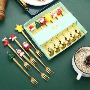 Christmas Gift Tableware Christmas Spoon Fork Set Two-Piece Set Dessert Spoon Fruit Fork Santa Elk Doll Spoon New Year Gift