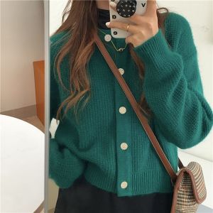 Womens Short Knitted Cardigan Sweater Soft Style Loose Fit Autumn New Arrival Vintage Warmth Long Sleeve round Neck Coat