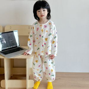 Mosquito-Resistant Pure Cotton Long Sleeve Long Pants Home Wear for Children Spring Summer Loose Fit Breathable Sweat Absorbent