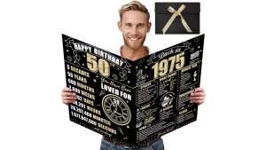 Large 50th Birthday Card With Envelope for Men Women 1975 Black Gold Happy 50th Birthday Giant Guest Signature Book Gifts Big Vintage 1975 50th Greeting Card Decoration Party Supplies