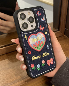 EGuanJia Denim Cloth Embroidery Love Heart Tulip Phone Case For iPhone 15 14 Pro Max Plus 13 12 11 Pro Max Fashion Flower Butterfly Phone Casing Shockproof Phone Cover Shell