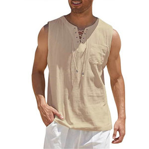 Mens Casual Shirts Leeveless Vest Bandage Lace Up Blouse Retro V Neck Fashion Loose Shirt Male Solid Color Clothes