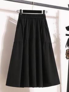 Spring Summer Womens Pocket Skirt Half-length A-Line Black High-Waist Midi Dress with Umbrella Skirt Style Versatile and Fashionable