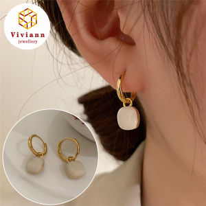 Viviann original creation sterling silver High quality Hetian Jade square Pendant Earrings New Girl Fashion Korean Jewelry For Women Gold Hoop Earrings Street Style Korean Fashion Jewelry