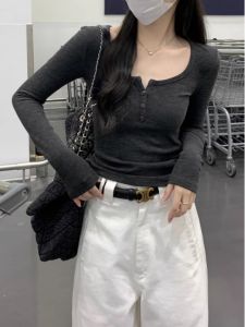 K-style Dark Gray Square Collar Long Sleeve T-shirt Womens Autumn Stylish Button Slim Fit Inner Wear Slim Looking Bottoming Shirt Tops