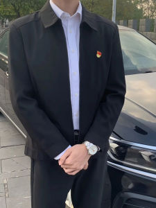 Young Mens Business Formal Jacket Administrative Style Cotton Denim Autumn Wear Youth Trend Loose Fit Iron-Free Embroidery