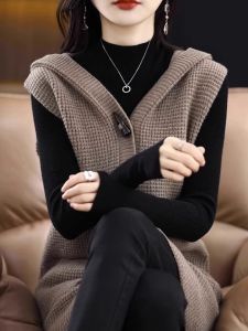 Womens Knitted Hatless Vest Pure Color Buttonless Sleeveless Sweater Fashionable Long Length V-neck Style Commute Pattern