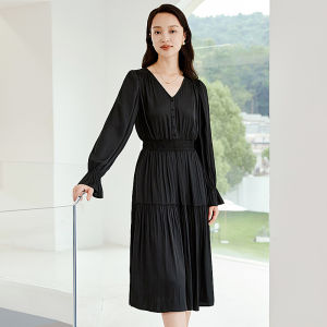 Yigue | Bubble Sleeve Flowy Dresses for Women Spring Autumn Black French V-Neck Waist Cinching Elegant