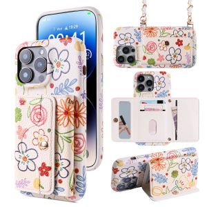 Chic Simple Floral Pattern PU Leather Case for iPhone 16e 11 12 13 14 15 Pro Max  Plus Long Lanyard Mirror Card Holder