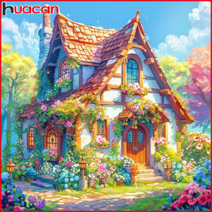 Huacan Full Square Round Drill Diamond Painting Spring House Diamond Mosaic Landscape Flower Set Home Decoration