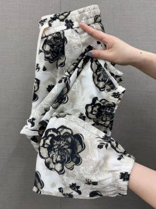 Summer Thin Ice Silk Floral Pants Women High Waist Cuffed Versatile Comfortable Breathable Anti-Wrinkle Slimming Nine-Piece Harlan Pants