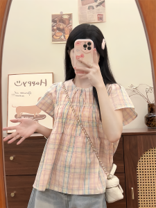 Sweet French Plaid T-shirt Dress Short Sleeve Women Summer New Loose Pleated Doll Shirt Top Cotton Polyester Blend Combed Cotton Material