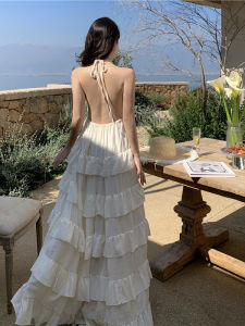 Pure Desire Long Neck Hanging Back Fairy Skirt Vacation Lace Trim Strapless Dress Ultra Long Ankle Length Sweet Style High Waist Chiffon Maxi Dress