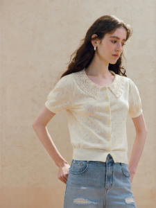 INMAN | 100 Xinjiang Cotton Lace Knit Top Short Sleeve Summer Womenswear