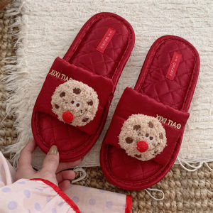 Dép Cotton Lanh Màu Đỏ Mũi Tròn Cho Cặp Đôi Mới Cưới Dùng Trong Nhà Mùa Đông PVC Đế 15cm-35cm Dép Đi Trong Nhà Thoải Mái