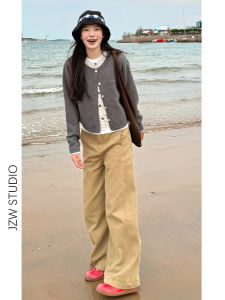 Khaki High Waist Wide Leg Jeans Womens Loose Fit Slimming Drapey Beautiful Long Pants American Style Washed Denim Zipper Fly