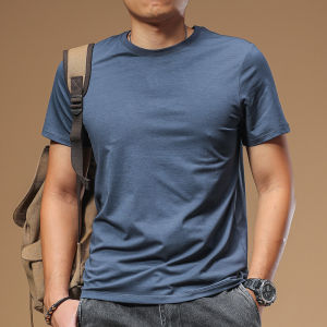 เสื้อยืดคอตตอนไหมน้ำแข็งฤดูร้อนสำหรับผู้ชาย แขนสั้น ทรงเข้ารูป ระบายอากาศได้ดี ทรงพื้นฐาน สไตล์ลำลอง เสื้อยืดคอตตอนโมดอล