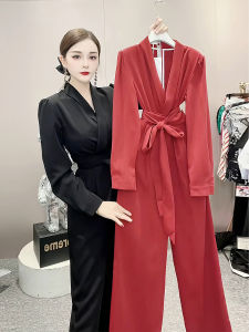 Elegant Red Wide Leg Jumpsuit Womens Loose Fit Long Sleeve High Waist Sensation Slimming Long Pants Comfortable Workwear