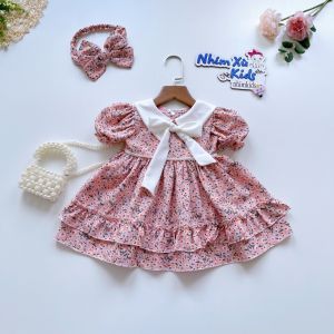 Váy Bé Gái 4 đến 28kg Lụa Mát Rượi Hoạ Tiết Liễu Hồng Tặng Turban V025