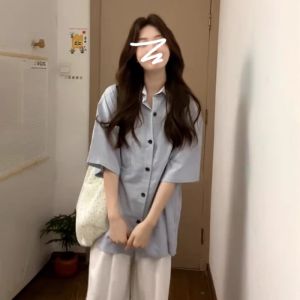 Loose Blue Short Sleeve Womens Shirt Casual Style Summer Lazy Fashion Outerwear Versatile Design Comfortable Fit Top