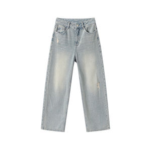 Casual Silver Finish Distressed Rigid and Drapey Straight Leg Jeans