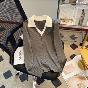 Áo Len Dệt Kim Dáng Rộng Cổ Polo Màu Khối Thời Trang Mùa Thu Đông Cho Nữ Cỡ Lớn Áo Len Dệt Kim Giả Hai Mảnh Thoải Mái Thường Ngày