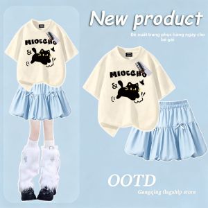Bộ Đầm Mùa Hè Cho Bé Gái Thiết Kế Mèo Hoạt Hình Từ Cotton Sạch
