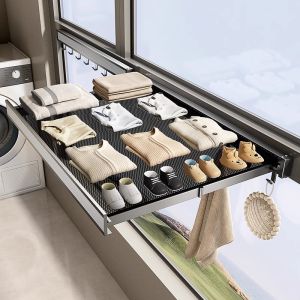 Space Aluminum Invisible Folding Clothesline Balcony Shoe Drying Rack Extendable No Punching Needed Socks Drying Gadgets