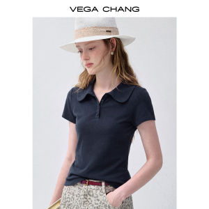 VEGA CHANG | Áo Thun Polo Nữ Ôm Body Tay Ngắn Cổ Bẻ Màu Xanh Hải Quân