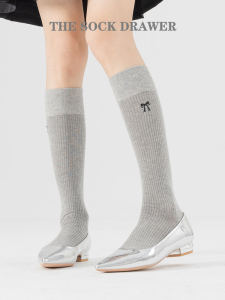 Gray Mid-Calf Socks with Vertical Stripes Manga Legs MIU Style Half-length Ballet Style Butterfly Knot Spring Summer Socks