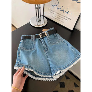French Design Retro American Lace Trim Denim Shorts