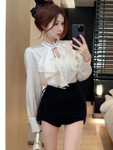 FEILUNKAI | Trendy Ruffled Sleeve French Design Glittering White Tailored Shirt