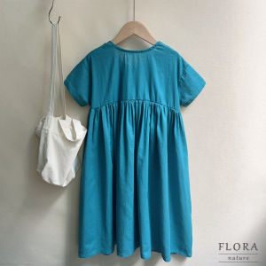 Kids Pure Linen Dress Girl Summer Washed Linen Back Collar U-Shaped Long Dress Loose Artistic Dress
