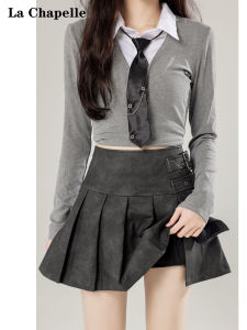 La Chapelle Grey PU Leather Half Skirt Womens A-Line Mini Skirt Summer Anti-Light High Waist Pleated Short Skirt