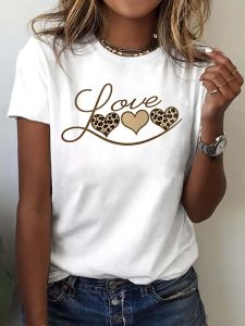 Leopard Heart Print Tshirt Sleeve Crew Neck Casual Top for Wo Spring and Summer Trendy Choice Harajuku Sleeve Aesthetic Clothes