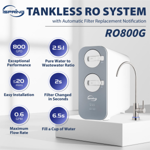 iSpring RO800G Tankless Reverse Osmosis Filtration system 800 GPD Under Sink Drinking Water Filter 2.5:1 Pure to Drain Ratio TDS & PFAS Reduction Includes Stainless steel Faucet Tap Water
