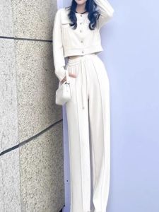 Elegant Casual Fashion Set Womens High Waist Wide Leg Pants Top Bottom Matching Two Piece Set Autumn Season Cotton Material