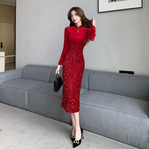 Retro Improved Cheongsam New Elegant Temperament Long sleeve Gold Velvet Patchwork Sequins Sheath Long dress Red Dress
