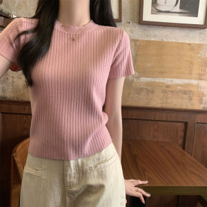 Elegant Knitted Short Sleeve Slim Fit T-Shirt Womens Fashion Summer Shirt Cotton Low round Neck Sweet Style College Trend