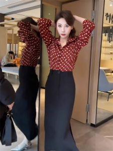 Polka Dot Blouse Womens Lace Hem Spring New Lightweight Age-Defying Casual Versatile High Waist Mini Skirt Set