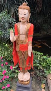 พระ องค์พระ พระพุทธรูป สูงรวม115Cm พระสูง40นิ้ว สีส้มทำแตก พระประจำวันจันทร์ พระยืน ปางห้ามญาติ ไม้จามจุรี พระประธาน