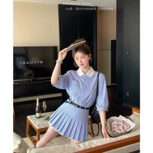 Miu Series Đại Học Trí Tuệ Phong Cách Màu Xanh Lam Trắng Áo Sơ Mi Sọc Váy Bộ Búp Bê Cổ Áo Top/Mini Váy Thời Trang Sành Điệu Nữ Hòa Nhạc