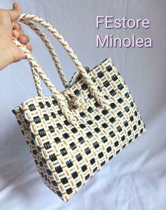 TAS ANYAMAN JALI PREMIUM HANDBAG SIZE S WARNA KUNING TULANG DENGAN MOTIF KOTAK