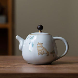 Ceramic Cat Teapot Chinese Style Hand-Painted Illustration Ruyi Porcelain Tea Pot Side Handle Brewing Pot Large Teapot