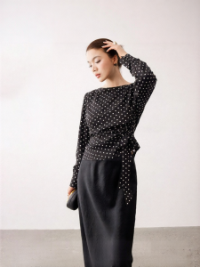 French Romantic Retro Waist-Tie Polka Dot Print Shirt